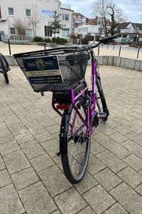 Im Hof ein aufgestelltes lilianes Fahrrad mit einem Schild Logo All-in Bikes Niendorf Seebrücke Fahrradverleih und mehr